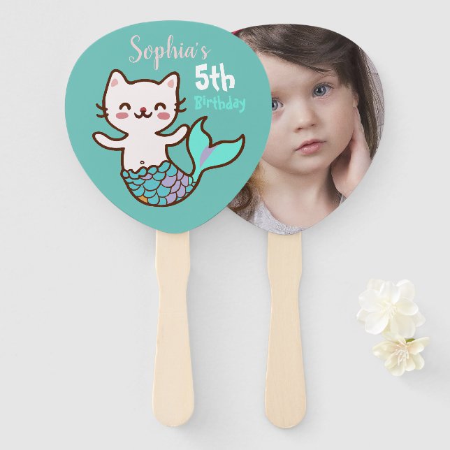 Girl Birthday Cat Mermaid Cute Photo Blue Meowmaid Hand Fan (Front and Back)