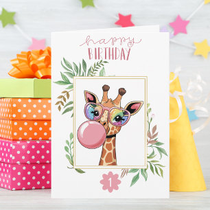 Girl Birthday Giraffe Rainbow Glasses Bubble Cute Card