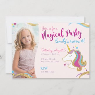 Girl Birthday Glitter Unicorn Magical Invitation