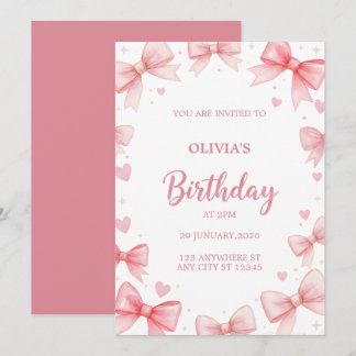 Girl Birthday Invitation Pink Bow Sweet Kids Party