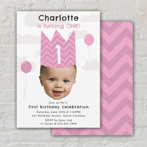 Girl Birthday Invite 1st Birthday Baby Face Photo