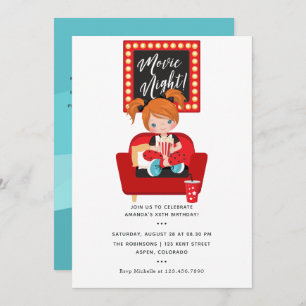 Girl Birthday Movie Night Sleepover Party Invitation