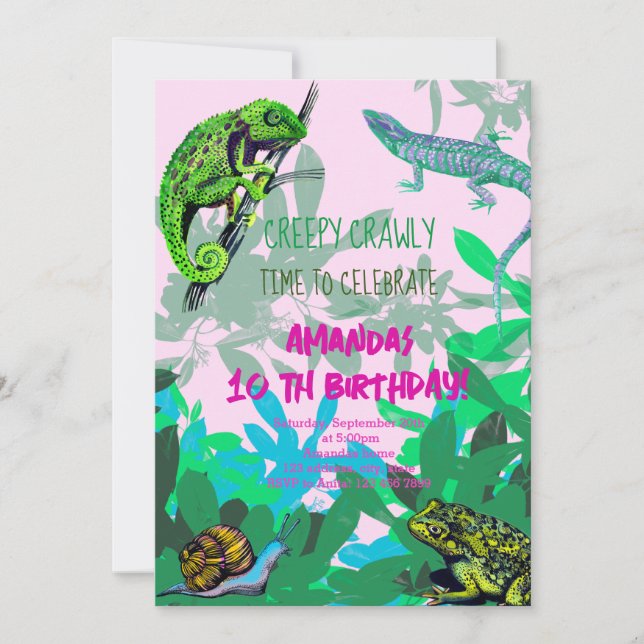 Girl birthday party chameleon, lizard, frog  invitation (Front)