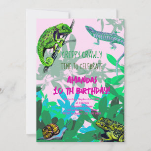 Girl birthday party chameleon, lizard, frog invitation