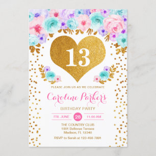 Girl Birthday Party - Gold Heart Teal Purple Pink Invitation