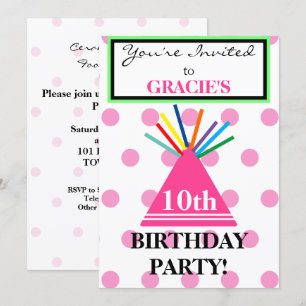 Girl Birthday Party Hat Pink Polka Dots Invitation