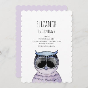 Girl birthday party invitation. Watercolor owl Invitation