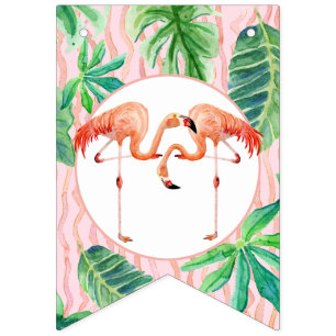 Girl Birthday Party Pink Flamingo Leaf Watercolor Bunting Flags