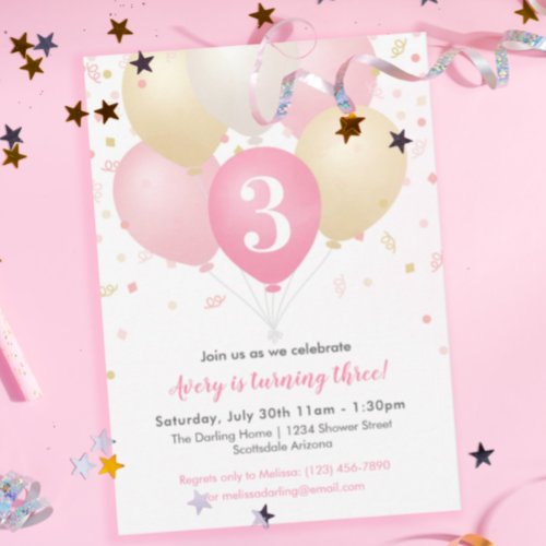 Girl Birthday Party Pink Gold  White Balloons Invitation