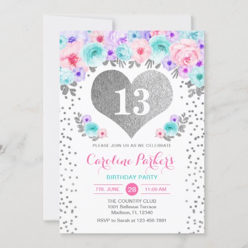 Girl Birthday Party _ Silver Teal Purple Pink Invitation