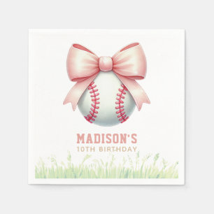 Girl Birthday Personalized Pink Baseball Bow Napkins