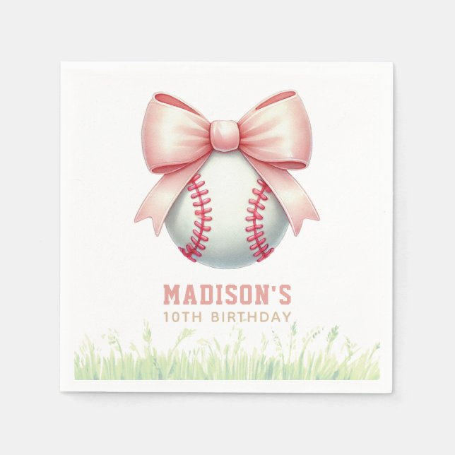 Girl Birthday Personalized Pink Baseball Bow Napkins (Front)