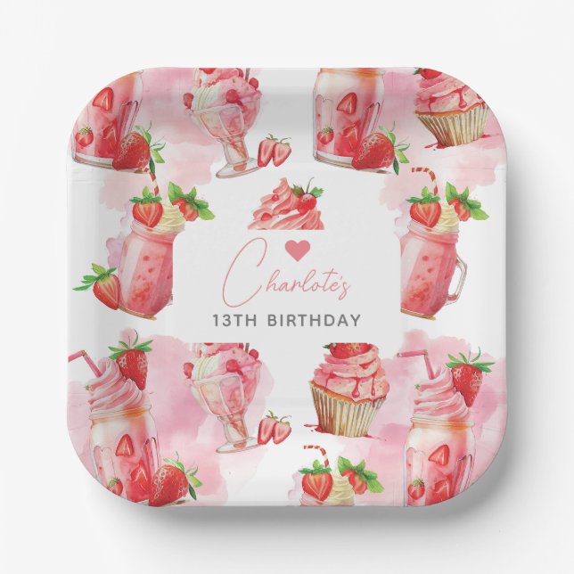 Girl Birthday Strawberry Milkshake Personalized Paper Plates (Front)