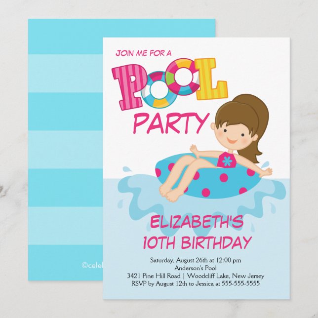 Girl Birthday Summer Pool Party Invitation (Front/Back)