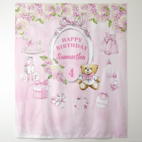 Girl Birthday Teddy Bear Blush Flowers Backdrop