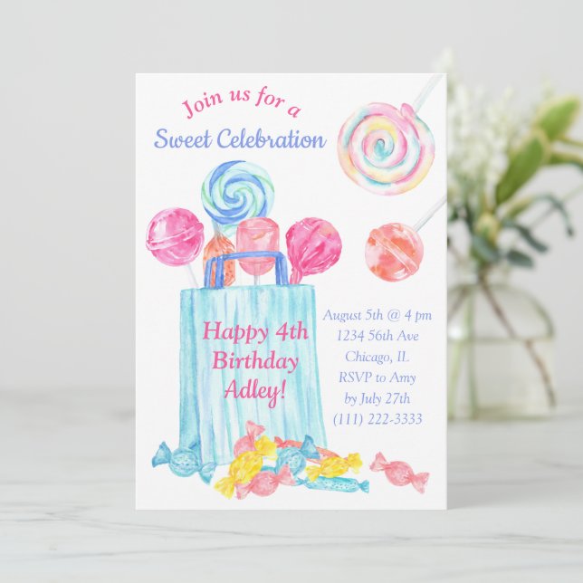 Girl Birthday Watercolor Candy Sweet Birthday Invitation (Standing Front)