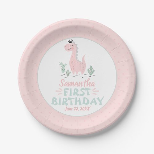 Girl Birthday Watercolor Pink  Turquoise Dinosaur Paper Plates