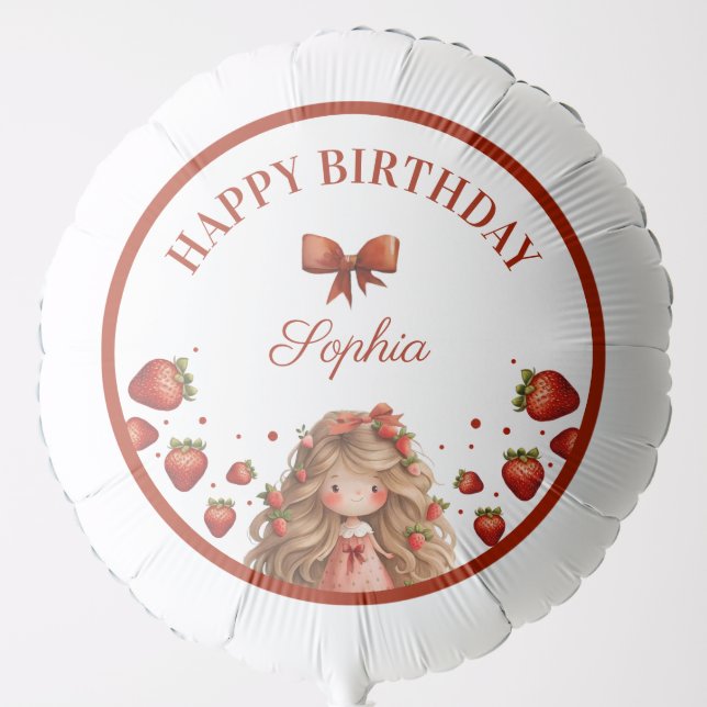 Girl Birthday Watercolor Strawberry Red Ribbon Balloon (Front)