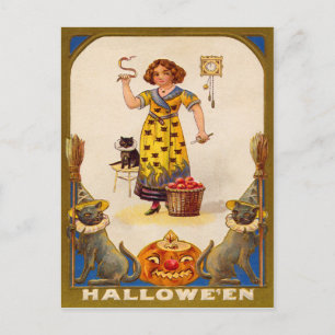 Girl Black Cat Jack O' Lantern Postcard