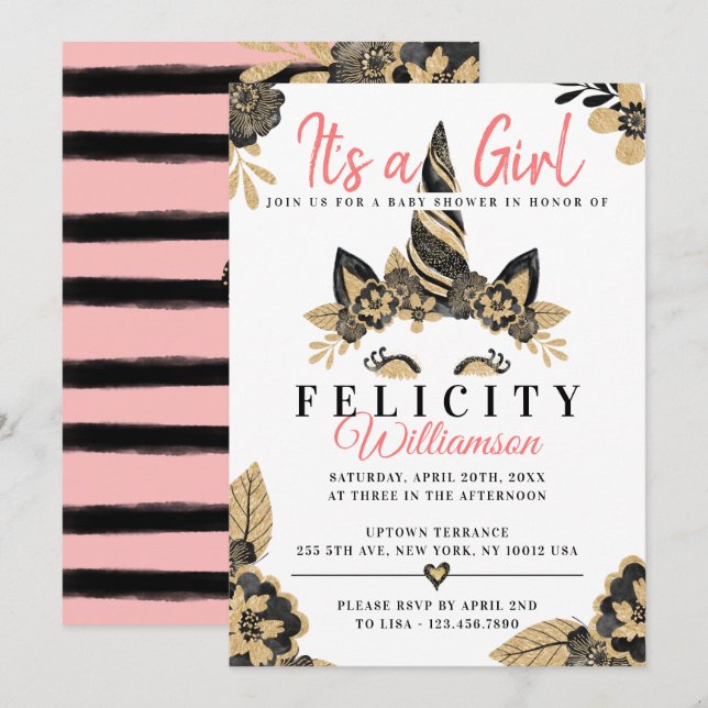 Girl Black Gold Unicorn Baby Shower Invitation (Front/Back)