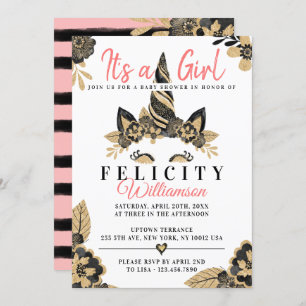 Girl Black Gold Unicorn Baby Shower Invitation
