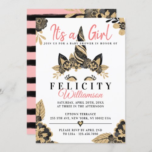 Girl Black Gold Unicorn Baby Shower Invitation