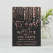 Girl Black Rose Gold Glitter Fringe Baby Shower Invitation (Standing Front)