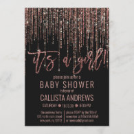 Girl Black Rose Gold Glitter Fringe Baby Shower Invitation