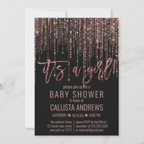 Girl Black Rose Gold Glitter Fringe Baby Shower Invitation