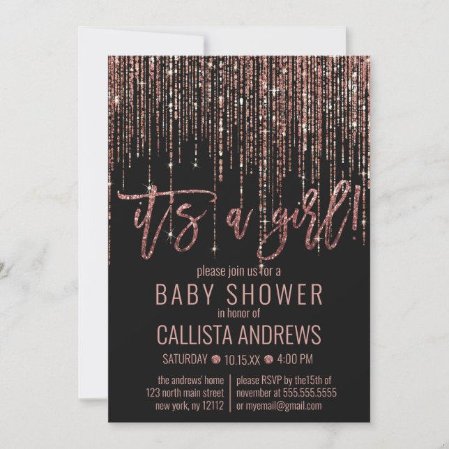 Girl Black Rose Gold Glitter Fringe Baby Shower Invitation (Front)