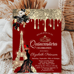 Girl Black Roses Eiffel Tower Gold Drips Red Invitation