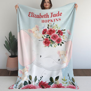 Girl Blanket with Elephant Burgundy Maroon Flowers