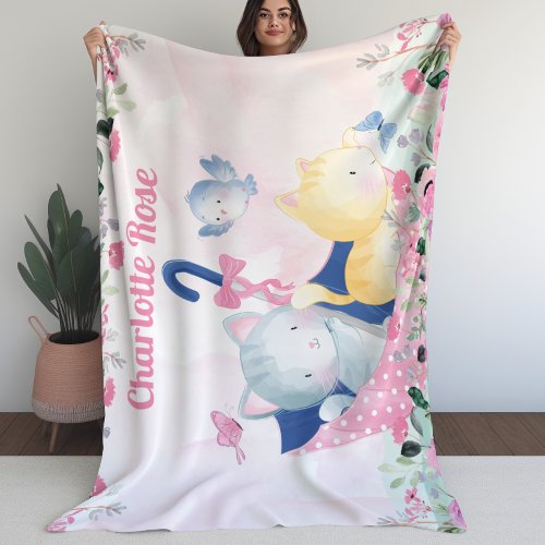 Girl Blanket with Pink Flowers and Cute Kittens