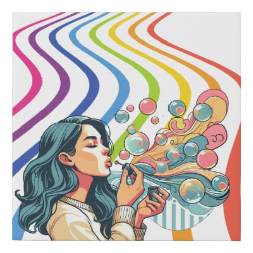 girl blowing abstract bubbles illustration art faux canvas print