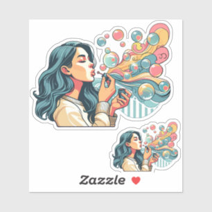 girl blowing abstract bubbles illustration art sticker