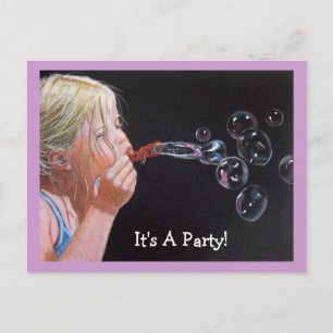 Girl Blowing Bubbles: Birthday Party Invitation
