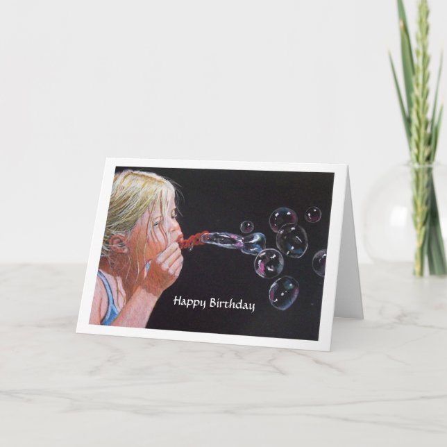 Girl Blowing Bubbles: Original Color Pencil Art Card (Front)