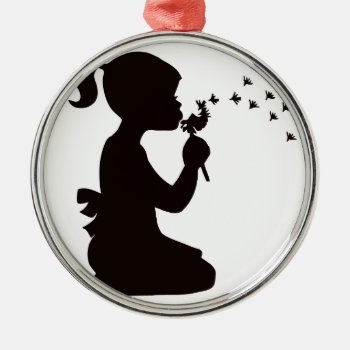 Girl Blowing On Dandelion Silhouette Metal Ornament by Barzee at Zazzle