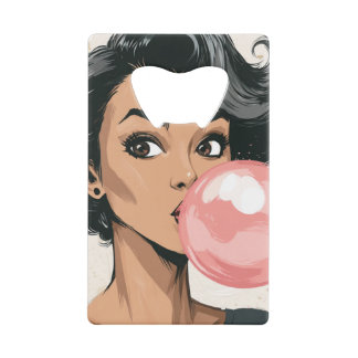 Girl Blowing Pink Bubble Gum Bubble Fun Cute Credit Card Bottle Opener