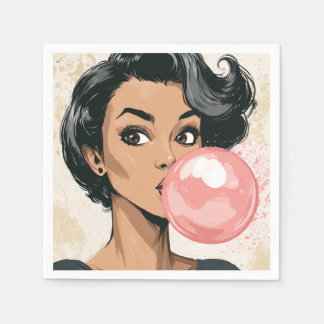 Girl Blowing Pink Bubble Gum Bubble Fun Cute Napkins