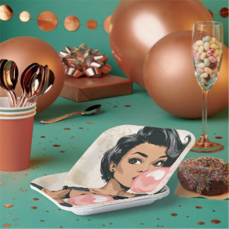 Girl Blowing Pink Bubble Gum Bubble Fun Cute Paper Plates