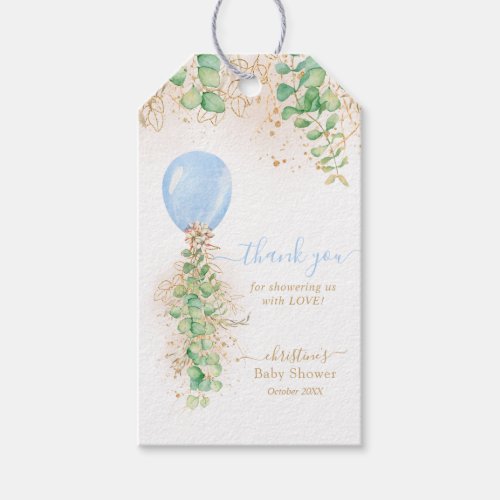 Girl Blue Balloon Greenery Baby Shower Thank You Gift Tags