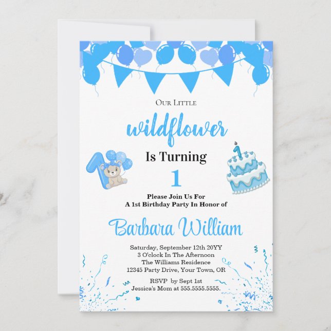 Girl Blue Bear 1st Birthday Invitation Card (Front)