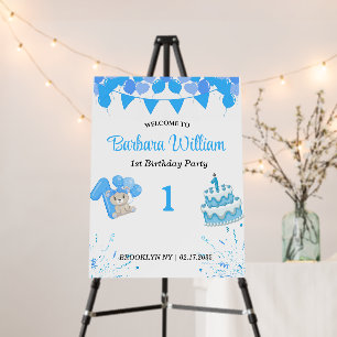 Girl Blue Bear 1st Birthday Welcome Sign