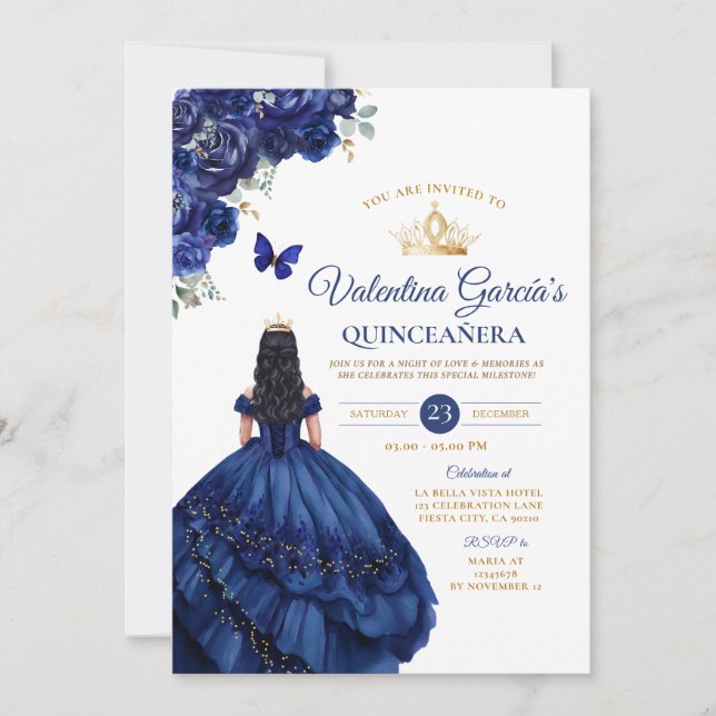 Girl Blue Dress Quinceañera 15 Anos Flowers Gold Invitation (Front)