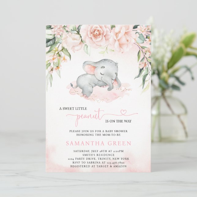 Girl Blush Elephant Baby Shower Invitation (Standing Front)