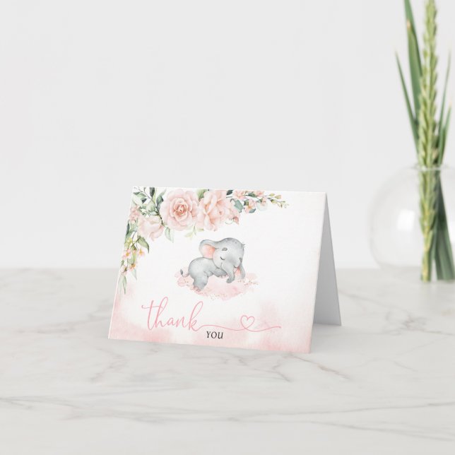 Girl Blush Elephant Baby Shower Thank You Card  (Front)