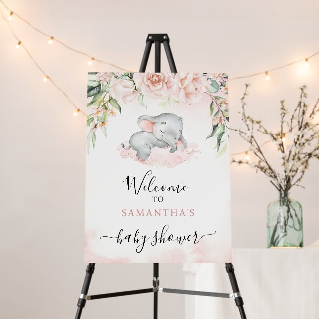 Girl Blush Elephant Baby Shower Welcome Sign (In Situ (Stand))