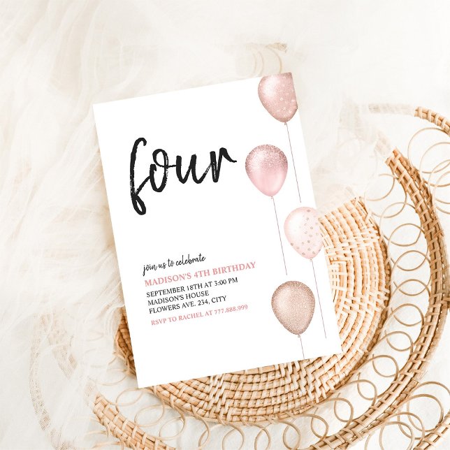 Girl Blush Pink Balloons Simple 4th Birthday Invitation (Creator Uploaded)