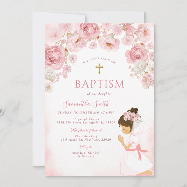 Girl Blush Pink Bow Floral Cross Girl Baptism Invitation (Front)